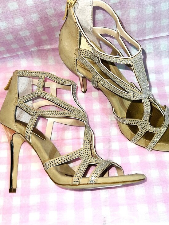 BCBGGeneration Shoes - BCBGGeneration 7.5M Women’s Gold Rhinestone Suede High Heel Sandals Back Zipper